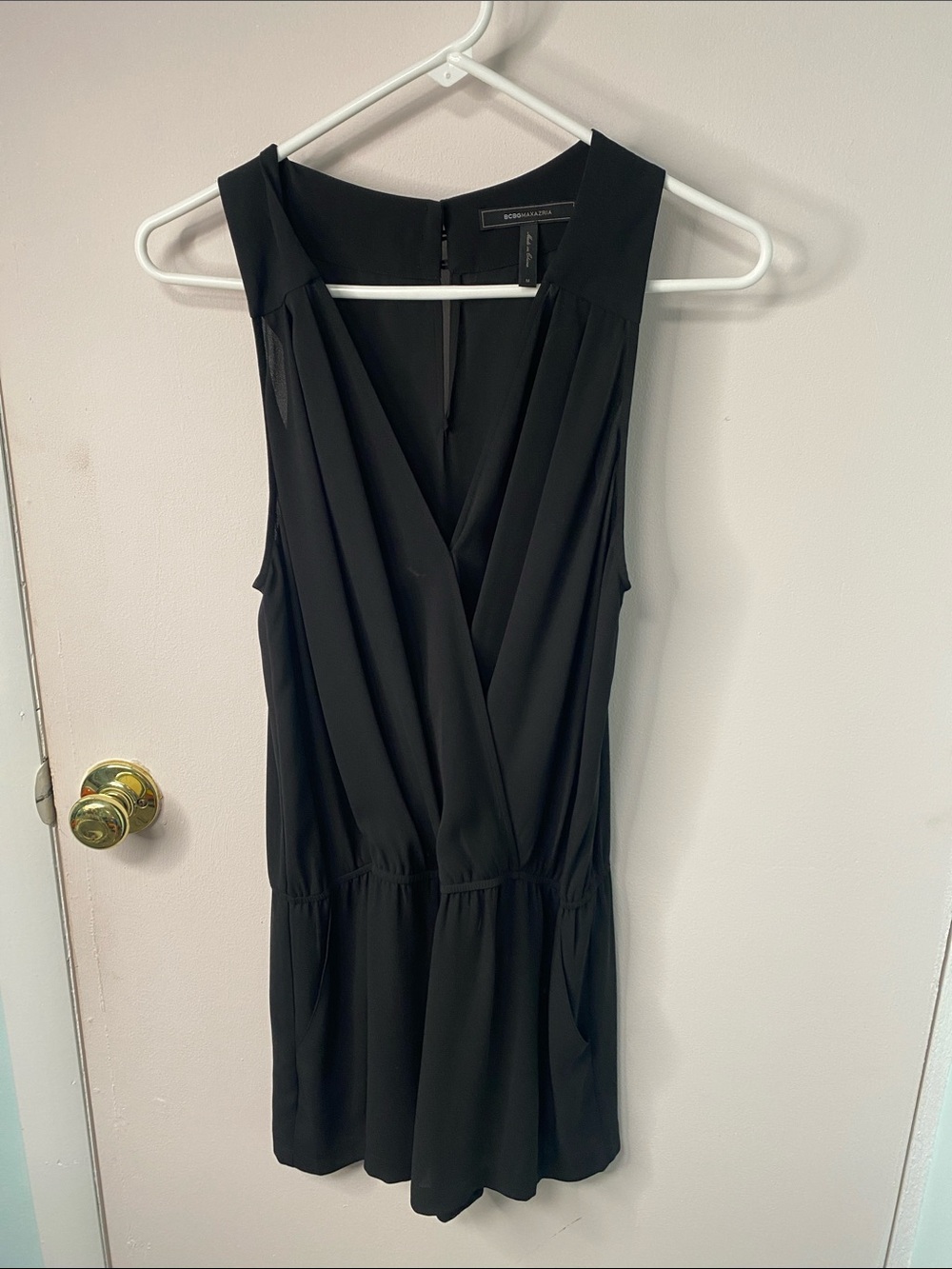 BCBGMaxAzria Black Sleeveless Wrap Romper